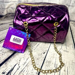 Justin Bieber Bag Quilted Satchel Gold Chain Large Handbag Make Up Shiny Purple